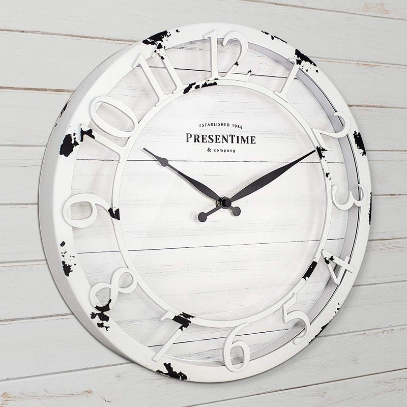 Presentime & Co 13" Farmhouse Series Wall Clock, Quartz Movement, Shiplap Style, Raised 3D Arabic Numeral, Antique Distressed White - Image 2
